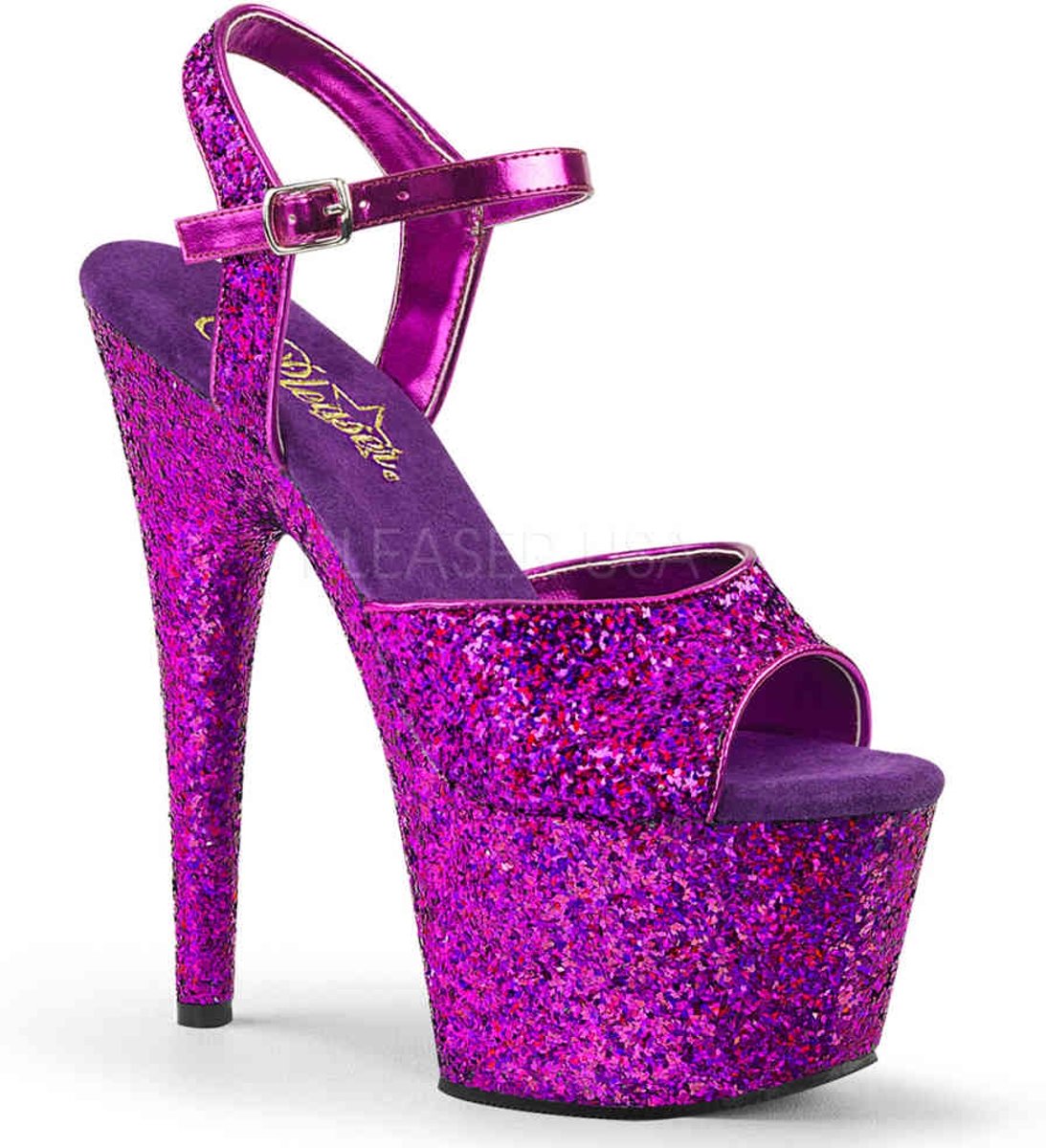 EU 39 = US 9 | ADORE-710LG | 7 Heel, 2 3/4 PF Holo Glitter Ankle Strap Sandal